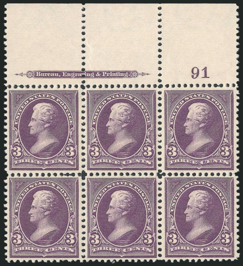 3c Purple (268).> Top imprint and plate no. 91 block of six, original gum, top center stamp lightly hinged, others Mint N.H., bright shade, choice centering, Very Fine and choice, a beautiful plate block