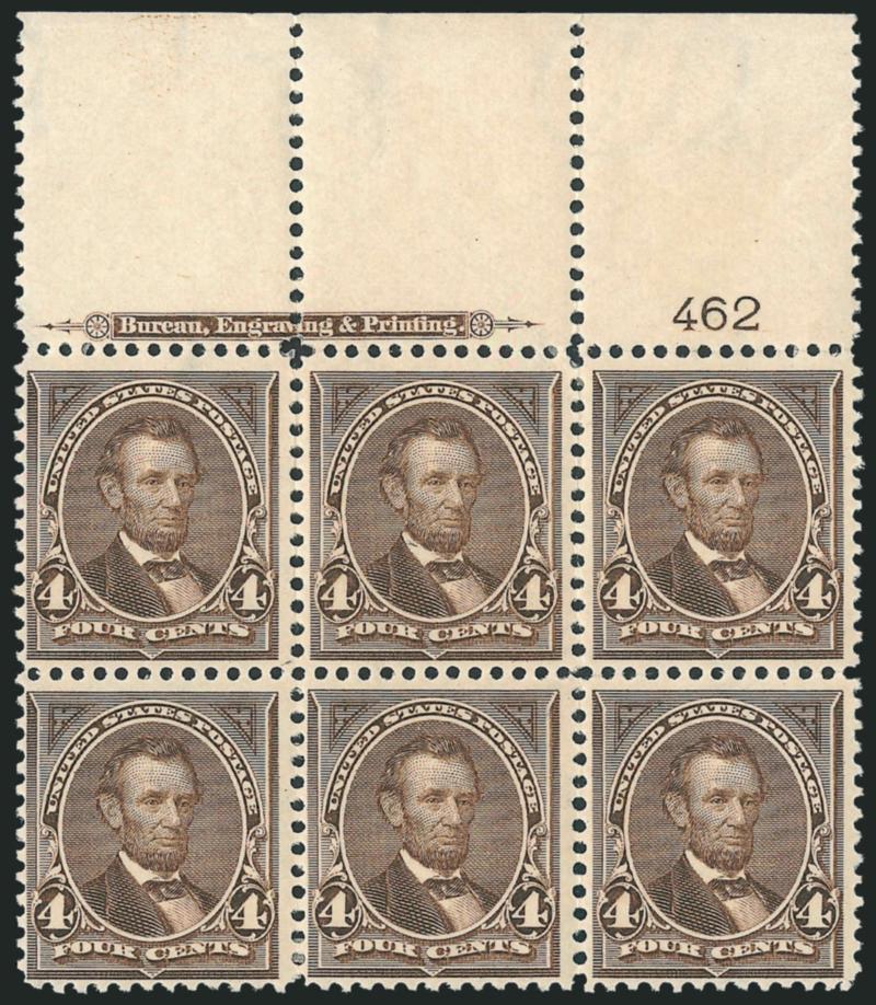 4c Dark Brown (269).> Top imprint and plate no. 462 block of six, original gum, crisp impression, Fine-Very Fine, an attractive plate block from the desirable top position