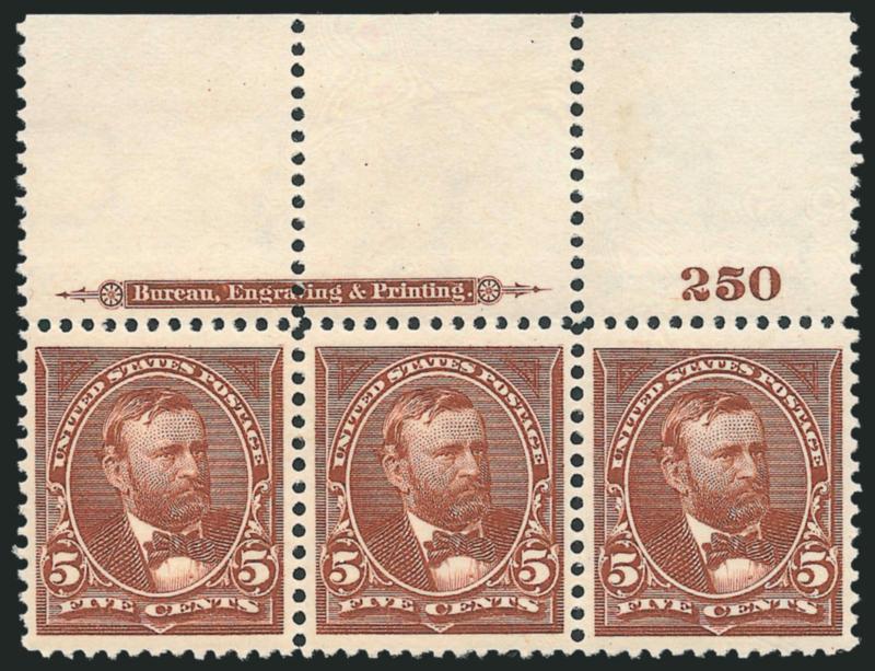 5c Chocolate (270).> Top imprint and plate no. 250 strip of three, stamps Mint N.H., lightly hinged in selvage where few perf separations expertly reinforced, brilliant color, well-proportioned margins,
Extremely Fine, Scott Retail as singles with no