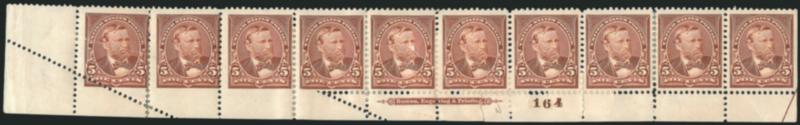 5c Chocolate (270).> Bottom selvage strip of ten with imprint and plate no. 164, natural s.e. and part arrow at right, pos. 1 and 4 with <misperfs at bottom> causing pos. 2 and 3 to be imperforate at bottom,
leftmost four stamps with diagonal crease
