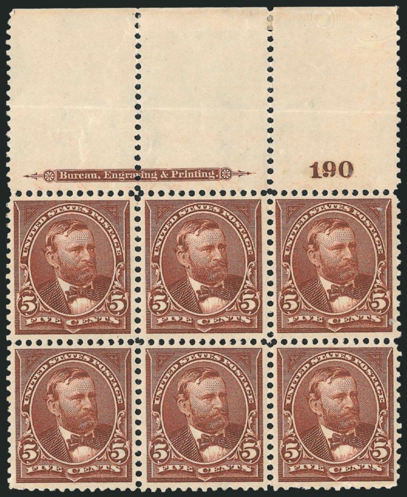 5c Chocolate (270).> Top imprint and plate no. 190 block of six with extra wide selvage, four stamps Mint N.H., bottom left and top center stamps lightly hinged, bright shade, bottom right stamp small corner
crease, horizontal crease in selvage far a