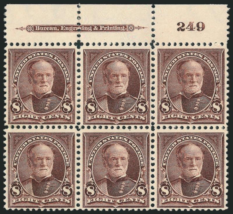 8c Violet Brown (272).> Top imprint and plate no. 249 block of six, original gum, top center stamp h.r. and small thin spot, radiant color which is significantly different than the previous lot, few expertly
rejoined perf separations, Very Fine appea