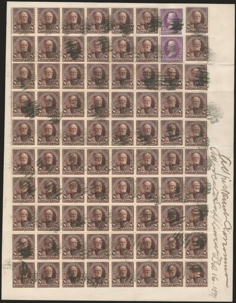 8c Violet Brown (272).> Part panes of 78 and 90, along with two singles of 3c Purple (268), affixed to both sides of 200 x 258mm sheet, cancelled by numerous strikes of grid, ms. <<??? Supplement Dec 16, 1899>>
in margin, possibly indicating a reve