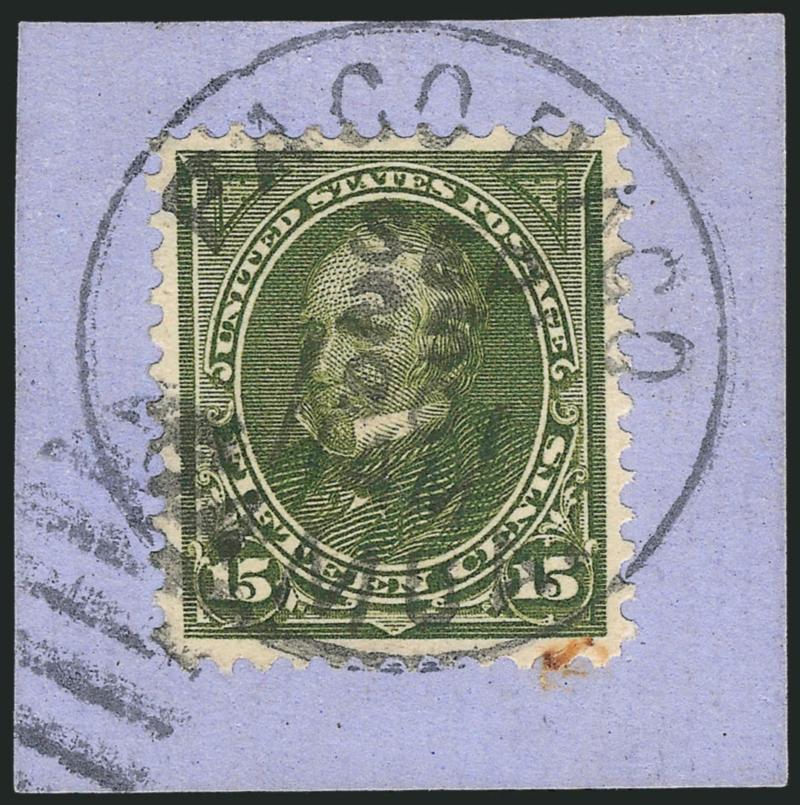 8c Violet Brown, 6c Lake, 10c Orange Brown, Ty. II, 15c Olive Green (272, 282, 283, 284).> Each tied on small blue piece by Pago Pago Samoa Sep. 25, 1901 circular datestamps, fresh and Fine-Very Fine,
interesting items