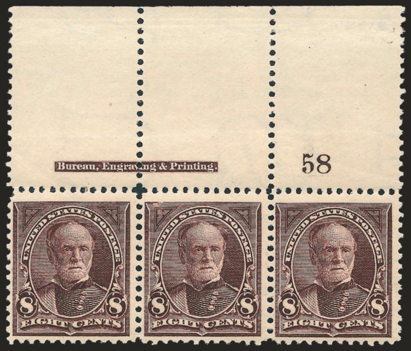 8c Violet Brown, USIR Watermark (272a).> Top imprint and plate no. 58 strip of three with wide selvage, original gum, I of watermark straddles right and center stamps, R of watermark is also partly visible in
selvage at top left, rich color and p
