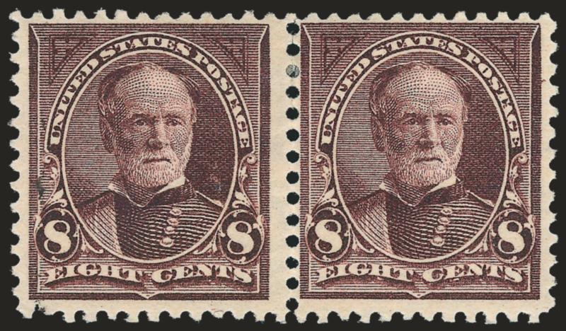 8c Violet Brown, USIR Watermark (272a).> Horizontal pair, left stamp the variety with clear R of watermark, rich color, few trivial perf separations, tiny ink mark at bottom left of the variety, otherwise Very
Fine, considerably scarcer in unused c