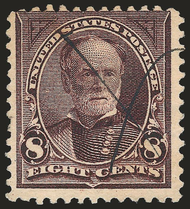 8c Violet Brown, USIR Watermark (272a).> Showing clear I of watermark, rich color, neat ms. X cancel, tiny thin speck at center and faint stains, centered to top, an affordable example of this scarce
error