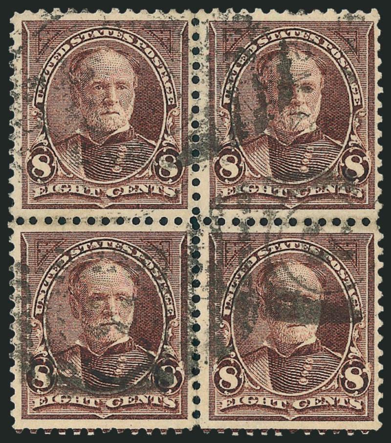8c Violet Brown, USIR Watermark (272a).> Block of four, top stamps share I of watermark, bottom stamps with S, bright color, neat duplex cancels, expertly rejoined perf separations, light corner creases at top
right and bottom right, Very Fine ap