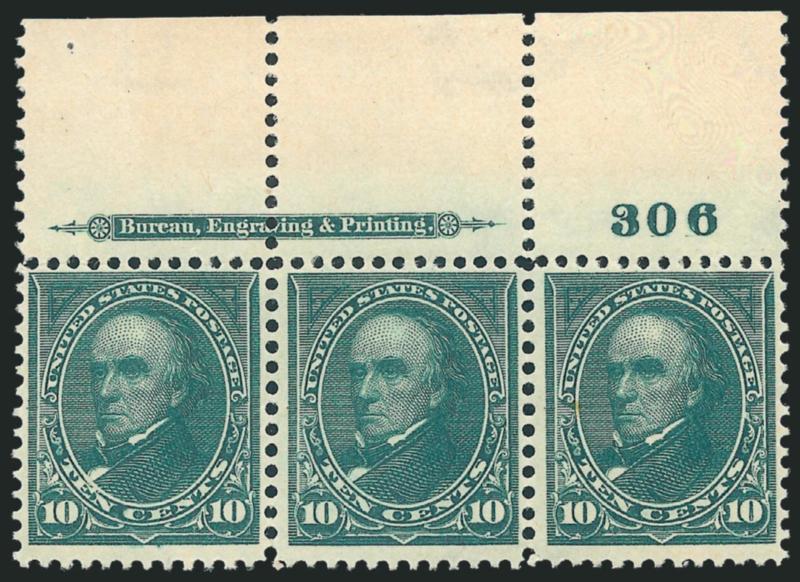 10c Dark Green (273).> Top imprint and plate no. 306 strip of three, original gum, barest trace of what may be hinging, rich color, fresh and Fine