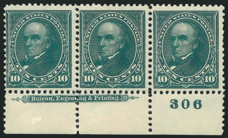 10c Dark Green (273).> Set of four imprint and plate no. 306 strips of three, left position with stamps Mint N.H., top position unused (no gum), bottom position with two stamps Mint N.H., Fine-Very Fine,
attractive matched set