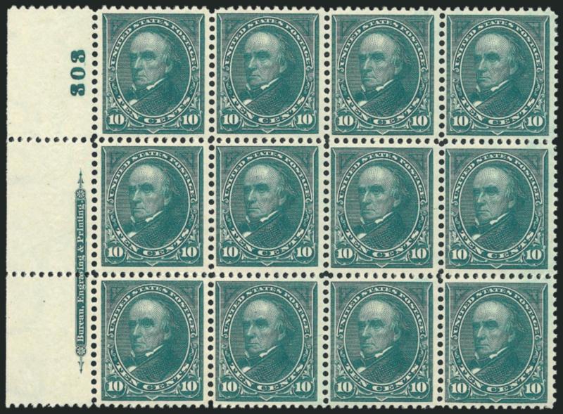 10c Dark Green (273).> Left imprint and plate no. 303 block of twelve, original gum, most are lightly hinged, attractive color and centering throughout, top left stamp thin spot, Very Fine appearance