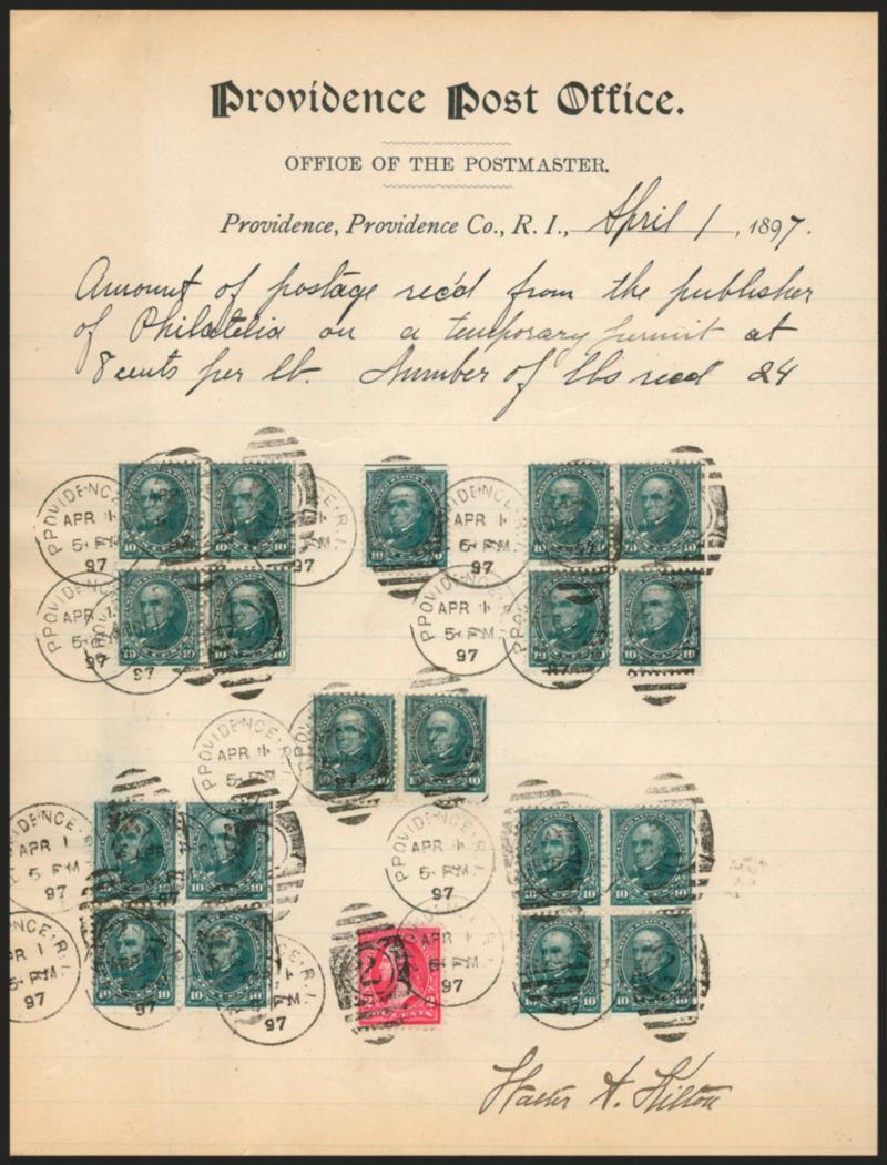 10c Dark Green (273).> Four blocks of four, a pair and a single, all s.e. on one side, used with 2c Carmine, Ty. III (267) and tied by Providence R.I. Apr. 1, 1897 duplex cancels on part-printed page from
Providence Post Office, Office of the Post