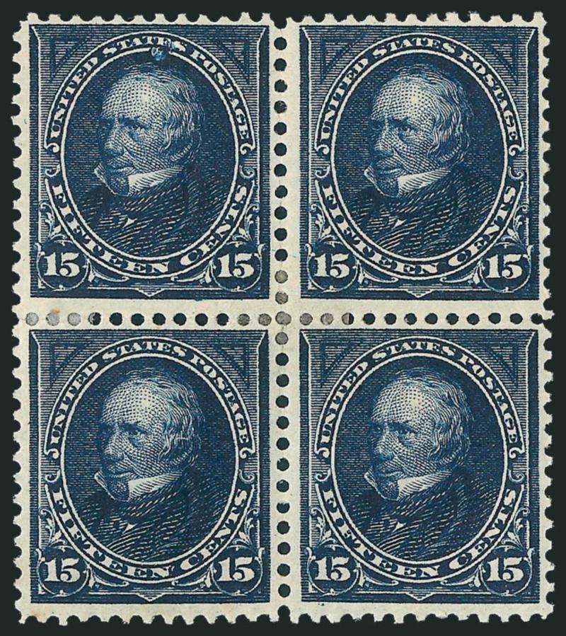 15c Dark Blue (274).> Block of four, original gum, h.r., deep rich color on bright paper, top left stamp unusual printing flaw from foreign matter on plate, back with some toned spots, Fine-Very Fine
appearance