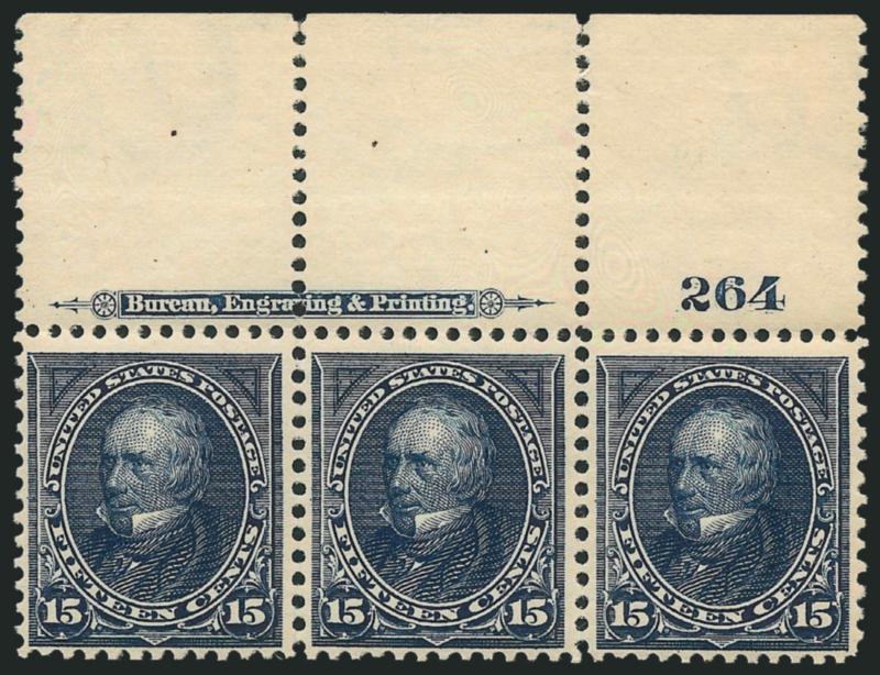 15c Dark Blue (274).> Mint N.H. top imprint and plate no. 265 strip of three, deep rich color and proof-like impression, Very Fine and choice, a beautiful Mint N.H. position piece, with 1997 P.F.
certificate