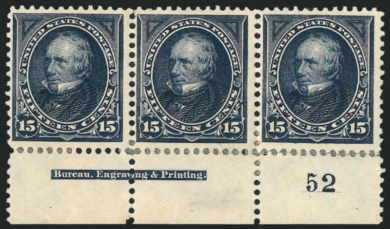 15c Dark Blue (274).> Bottom imprint and plate no. 52 strip of three, original gum, h.r. where perf separations reattached, rich color, Fine