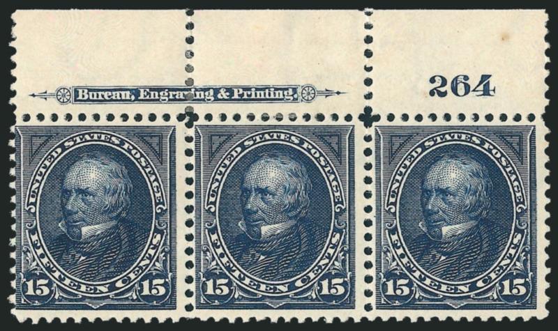 15c Dark Blue (274).> Top imprint and plate no. 264 strip of three, original gum, h.r. in selvage, center and right stamps thin spot, few toned spots on back, Fine appearance