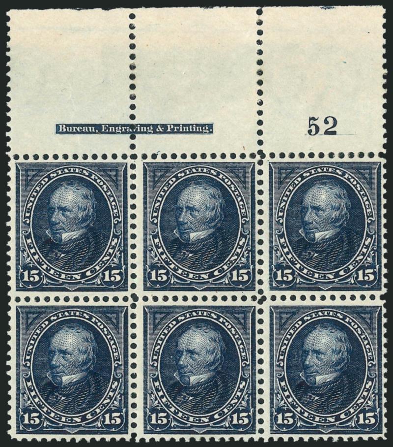 15c Dark Blue (274).> Top imprint and plate no. 52 block of six with wide selvage, disturbed original gum, deep rich color and proof-like impression<><>^FINE. A RARE PLATE BLOCK OF THE 1895 15-CENT WATERMARKED
BUREAU ISSUE. A DIFFICULT PLATE BLOCK