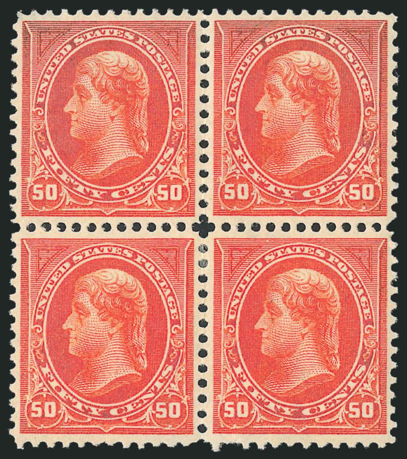 50c Red Orange (275a).> Block of four, rich color in the distinctive Red Orange color, original gum, choice centering, bottom right stamp short perf at bottom, otherwise Very Fine