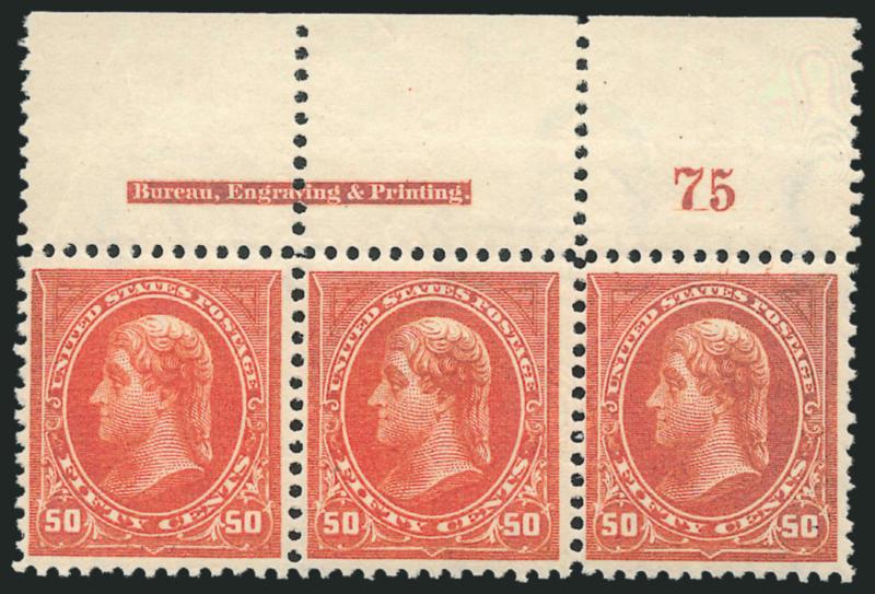 50c Orange (275).> Top imprint and plate no. 75 strip of three, center stamp Mint N.H., intense shade and impression, fresh and Fine-Very Fine, Scott Retail as singles with no premium for the position