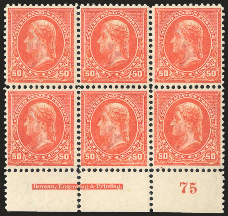 50c Orange (275).> Bottom imprint and plate no. 75 block of six, original gum, vibrant color, choice centering, top left and bottom center stamps small thin spots<><>^VERY FINE APPEARANCE. A RARE PLATE BLOCK OF
THE 1895 50-CENT WATERMARKED BUREAU I