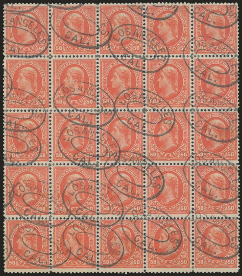 50c Orange (275).> Block of 25, neat strikes of Los Angeles oval cancel, vibrant color, sensibly reinforced perfs, few flaws incl. second and bottom rows with light horizontal crease, Fine-Very Fine appearance,
a rare large used multiple, Scott Ret