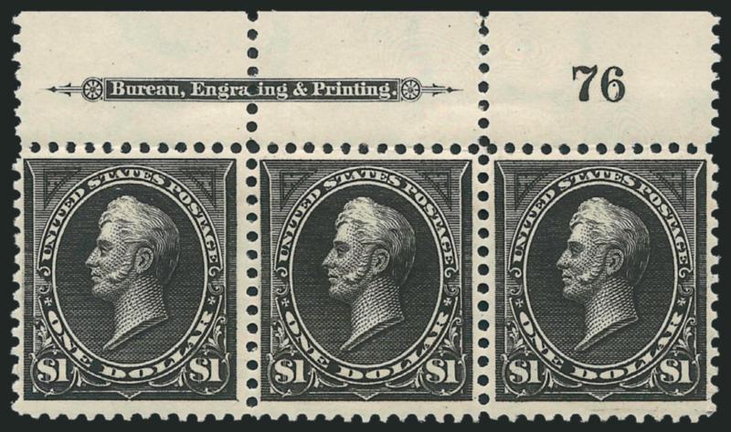 $1.00 Black, Ty. I (276).> Top imprint and plate no. 76 strip of three, original gum, h.r., intense shade and impression, Very Fine, an attractive position piece