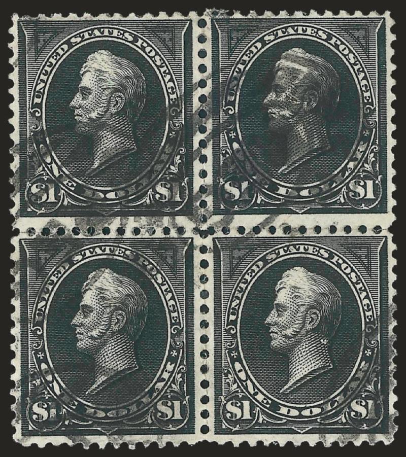 $1.00 Black, Ty. I (276).> Block of four, bold strikes of oval registry cancels, expertly rejoined perf separations, right stamps faint crease visible only in fluid, Fine appearance