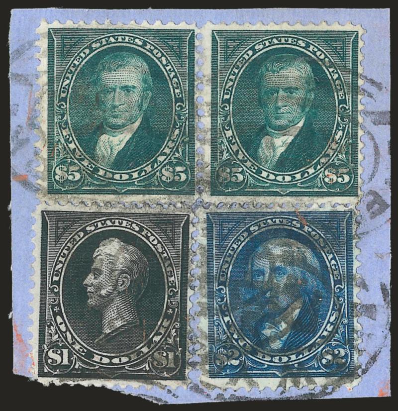 $1.00 Black, Ty. I, $2.00 Bright Blue, $5.00 Dark Green (276, 277, 278).> Horizontal pair of $5.00, tied by strikes of New York oval registry cancels on small blue piece, also with some red crayon ms., Very
Fine, colorful and scarce large franking