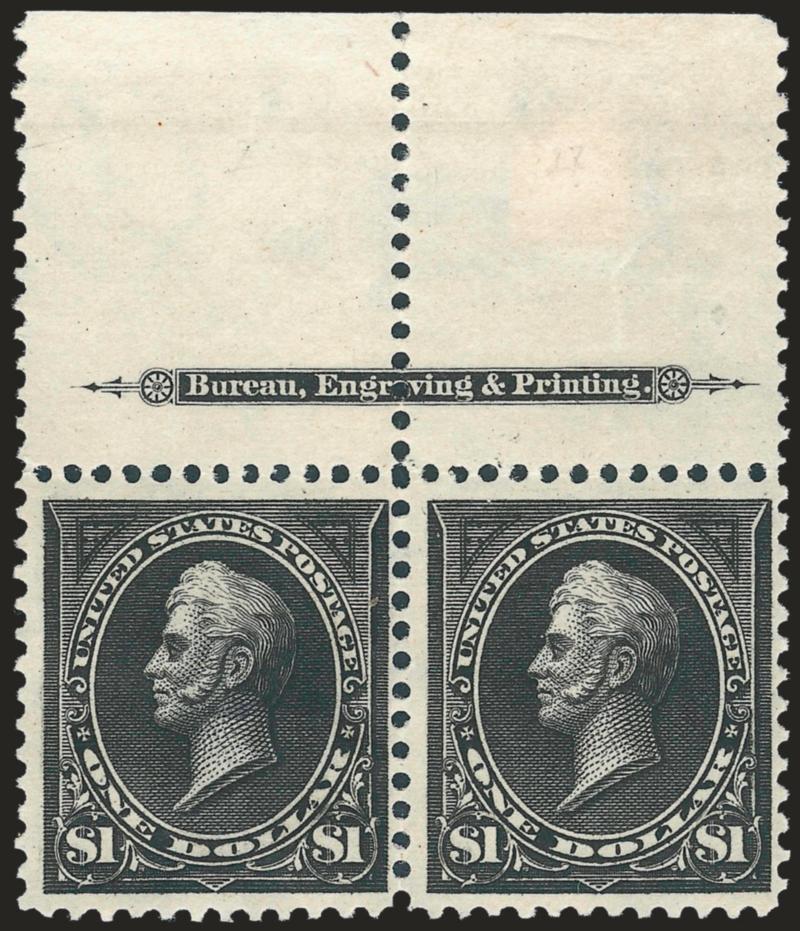 $1.00 Black, Ty. I-II (276-276A).> Horizontal pair with wide imprint selvage, left stamp Ty. I as always, original gum, bottom right stamp and selvage h.r., bottom left stamp extraneous blue ink mark on back,
Fine-Very Fine appearance
