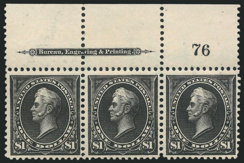 $1.00 Black, Ty. I-II (276-276A).> Top imprint and plate no. 76 strip of three, left stamp Ty. I, others Ty. II, slightly mount-glazed original gum, intense shade and impression<><>^VERY FINE. AN ATTRACTIVE AND
SCARCE ORIGINAL-GUM IMPRINT AND PLATE