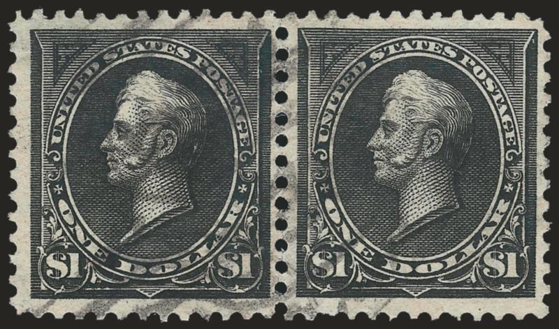 $1.00 Black, Ty. I-II (276-276A).> Horizontal pair, left stamp Ty. I as always, intense shade, unobtrusive strikes of oval registry cancels, few creases, minor perf separations, Very Fine appearance,
considerably scarcer in used condition