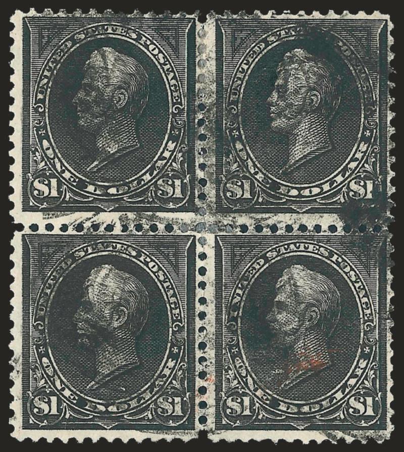 $1.00 Black, Ty. I-II (276-276A).> Block of four, left stamps Ty. I, boldly cancelled, bottom right stamp also with red cancel, single short perf at bottom right<><>^FINE. A RARE BLOCK OF THE 1895 $1.00
WATERMARKED ISSUE, WITH THE LEFT STAMPS TYPE