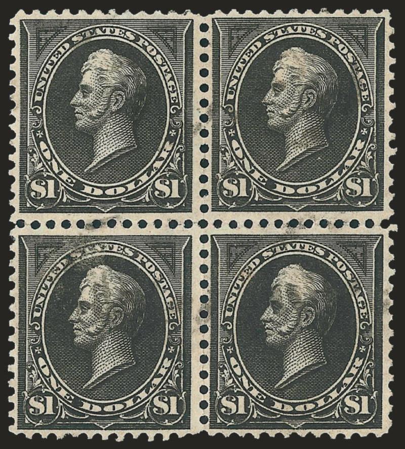 $1.00 Black, Ty. II (276A).> Block of four, lightly cancelled, intense shade, bottom left stamp unusual slightly dry print at top, few perf separations sensibly reinforced, bottom stamps tiny thin spots, Very
Fine appearance