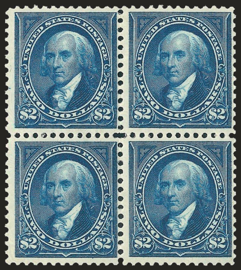 $2.00 Bright Blue (277).> Block of four, original gum, rich color on bright paper, bottom stamps light horizontal crease visible only in fluid<><>^VERY FINE APPEARANCE. A SCARCE ORIGINAL-GUM BLOCK OF THE 1895
$2.00 WATERMARKED BUREAU ISSUE.^<><>A