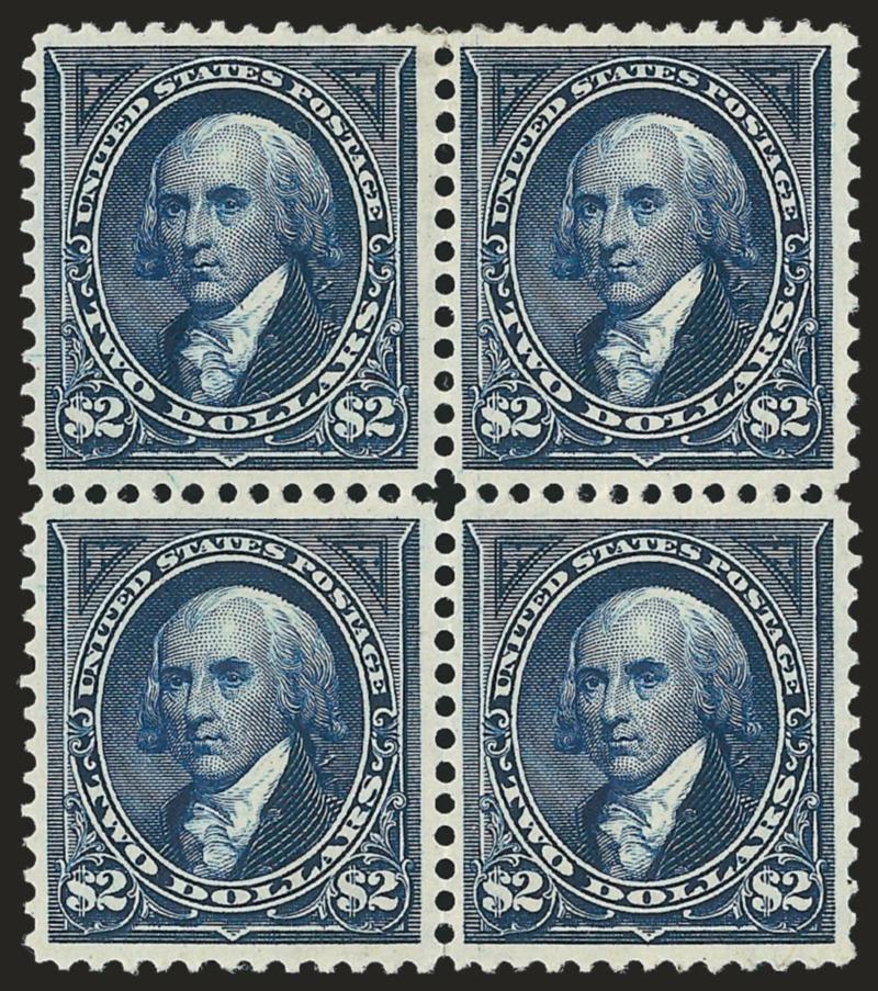 $2.00 Dark Blue (277a).> Block of four, original gum, deep rich color and proof-like impression on bright paper, choice centering<><>^VERY FINE AND CHOICE. A BEAUTIFUL ORIGINAL-GUM BLOCK OF THE $2.00 1895
WATERMARKED BUREAU ISSUE IN THE DARK BLUE S