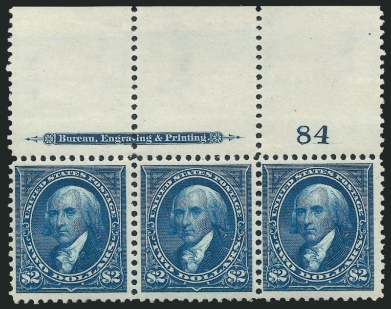 $2.00 Bright Blue (277).> Top imprint and plate no. 84 strip of three with wide selvage, original gum, small h.r., well-proportioned margins<><>^VERY FINE. A BEAUTIFUL ORIGINAL-GUM IMPRINT AND PLATE NUMBER STRIP
OF THE 1895 $2.00 WATERMARKED BUREAU