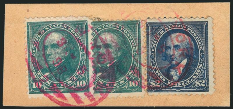 $2.00 Bright Blue (277).> Tied by red New York 3-5 98 oval registry handstamps on small piece, used with two 10c Dark Green (273) which are similarly tied and slightly overlapping, Fine