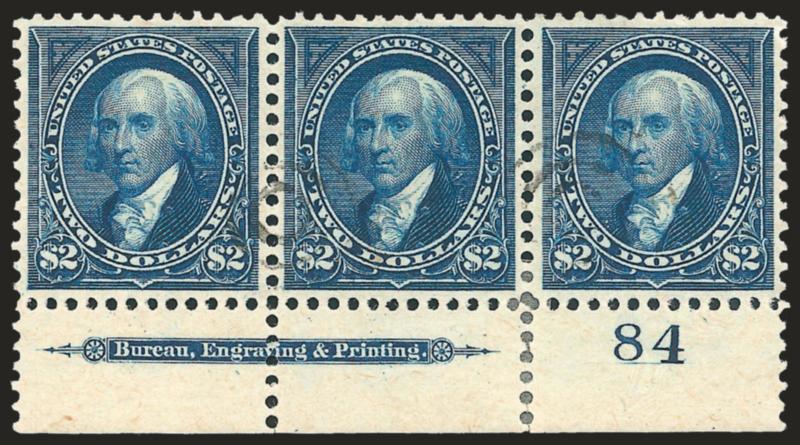 $2.00 Bright Blue (277).> Bottom imprint and plate no. 84 strip of three, bright color, light strikes of target cancels, few sensibly reinforced perf separations, Very Fine, a scarce used position piece, with
1991 P.F. certificate, Scott Retail as si