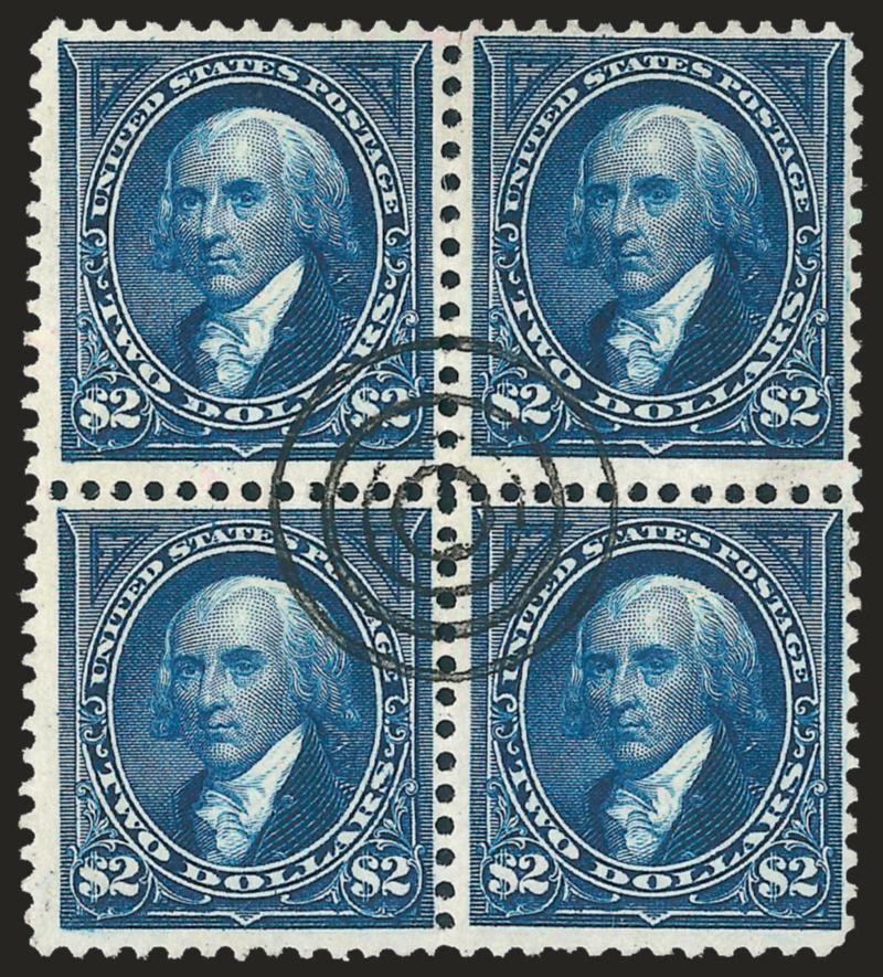 $2.00 Dark Blue (277a).> Block of four, deep rich color and proof-like impression on bright paper, neat central strike of four-ring target cancel, minor translucency at top<><>^VERY FINE. AN ATTRACTIVE USED
BLOCK OF THE 1895 $2.00 WATERMARKED BUREA