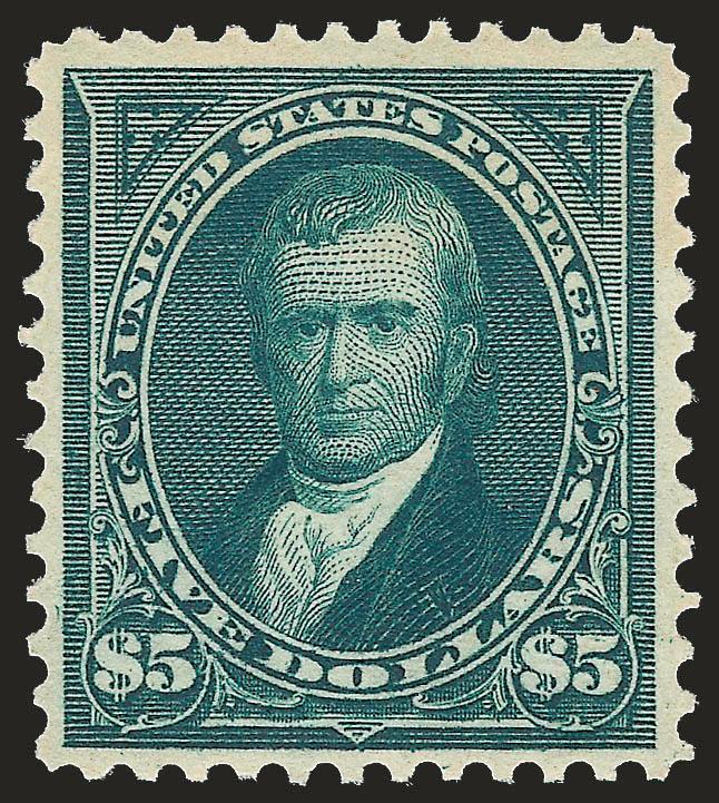 $5.00 Dark Green (278).> Mint N.H., rich color and proof-like impression<><>^VERY FINE. A SCARCE MINT NEVER-HINGED EXAMPLE OF THE 1895 $5.00 WATERMARKED BUREAU ISSUE.^<><>Scarce in Mint N.H. condition.