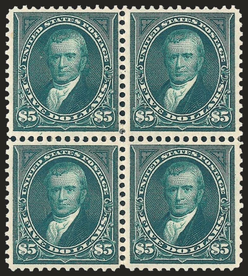 $5.00 Dark Green (278).> Block of four, original gum, couple hinge slivers where perf separations sensibly reinforced, top left stamp thin spot<><>^VERY FINE APPEARANCE. A SCARCE ORIGINAL-GUM BLOCK OF THE 1895
$5.00 WATERMARKED BUREAU ISSUE.^<><>