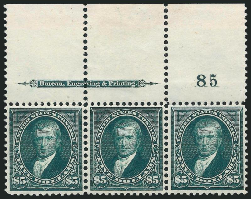 $5.00 Dark Green (278).> Top imprint and plate no. 85 strip of three with wide selvage, two stamps Mint N.H., left stamp barest trace of what may be either hinging or natural gum skips, h.r. in top center
selvage, rich color and proof-like impression