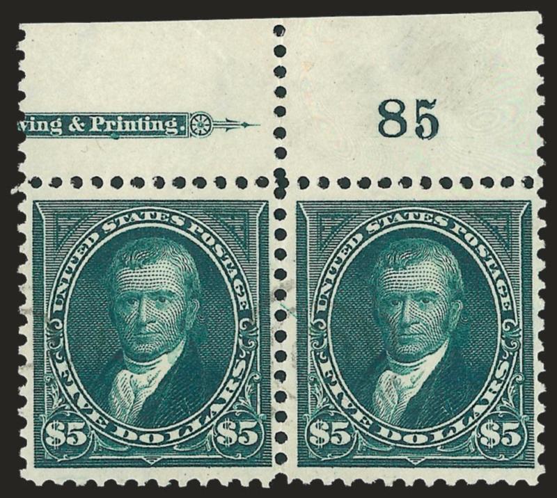 $5.00 Dark Green (278).> Horizontal pair with <plate no. 85> at top right and part imprint at top left, light strike of target cancel, few expertly rejoined perf separations, tiny natural wrinkle at top of left
selvage, Very Fine, scarce used positio