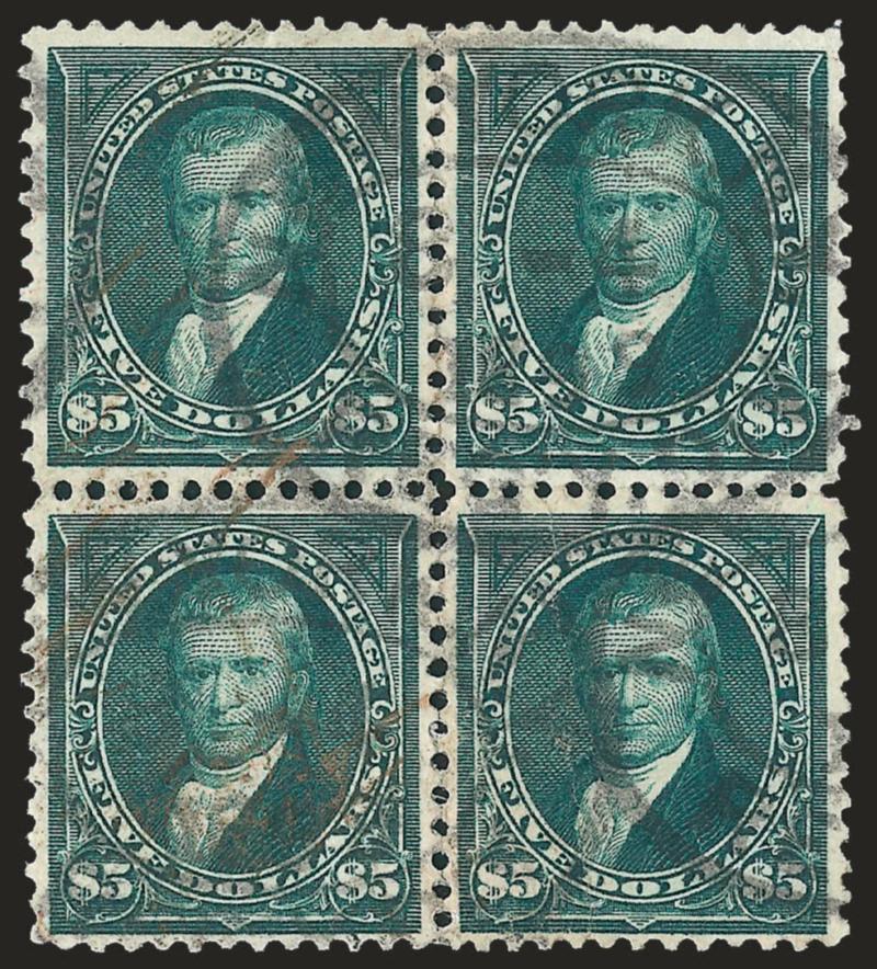 $5.00 Dark Green (278).> Block of four, choice centering, neat strikes of New York oval registry cancels, few flaws incl. sensibly reinforced perf separations and creases, still Very Fine, a scarce used block of
the $5.00 unwatermarked Bureau issue,