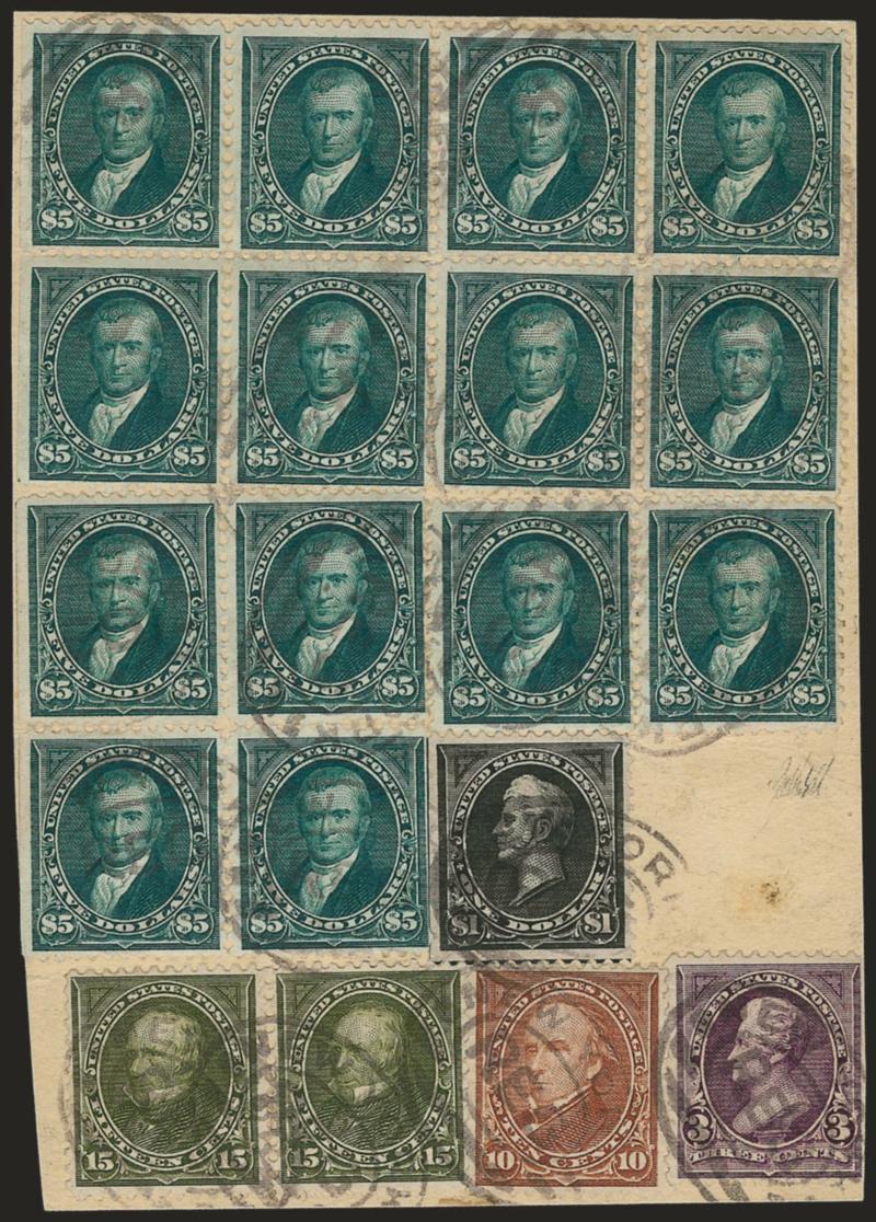 $5.00 Dark Green (278).> Block of eight, block of four and pair, first two natural s.e. at left, used with $1.00 Black, Ty. I (276), 3c Purple (268), 10c Orange Brown, Ty. I (282C) and pair of 15c Olive Green
(284), tied by New York Reg oval cancel