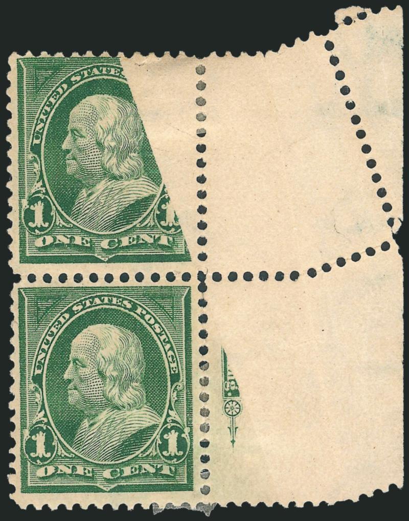 1c Deep Green (279).> Vertical pair with imprint selvage at right, original gum, h.r., creased in selvage which caused a <foldover with part of top stamp missing printing and with part of the design and imprint
printed on reverse in selvage,> rich co