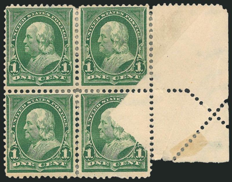 1c Deep Green (279).> Block of four with selvage at right, original gum, h.r., creased in selvage which caused a <foldover with part of bottom right stamp missing printing and with part of the design printed on
reverse in selvage,> some perf separati
