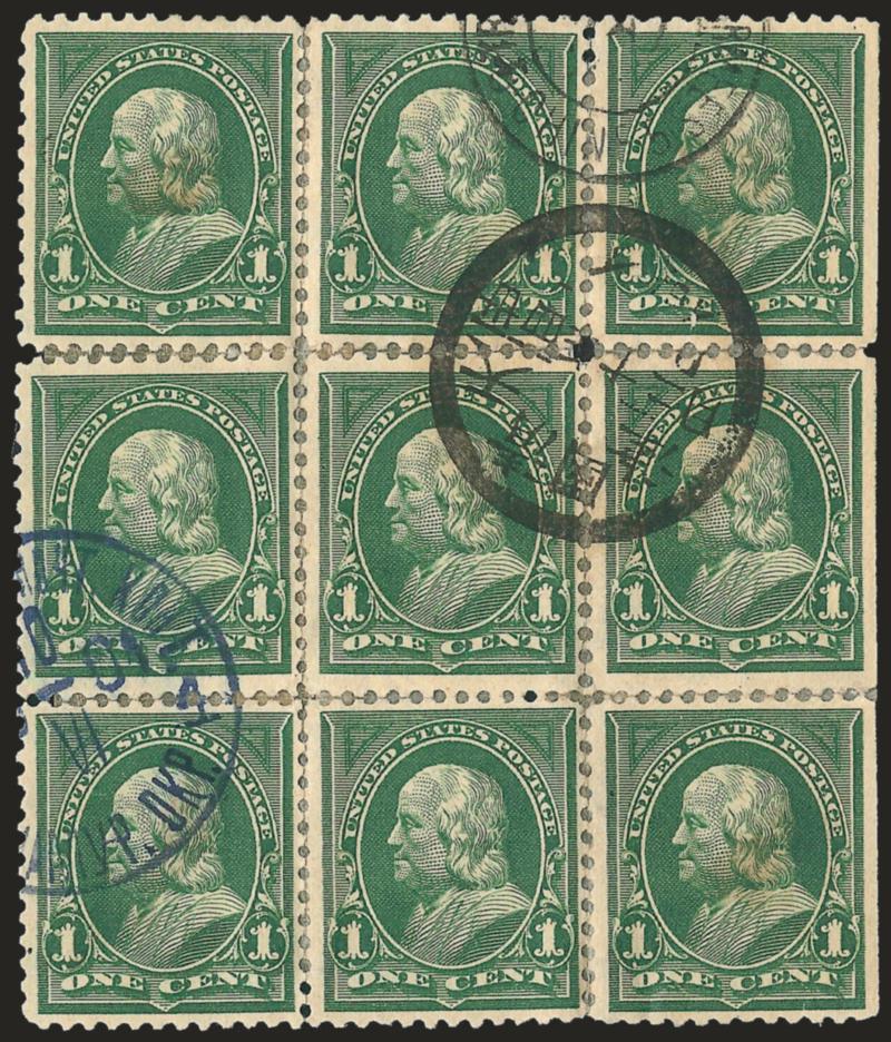 1c Deep Green (279).> Block of nine, rich color, natural s.e. at right, with <French, Japanese and Russian cancels,> some faults incl. reconstructed with hinges, still Fine-Very Fine, rare usage