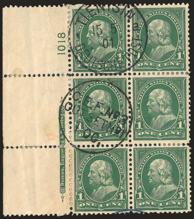 1c Deep Green (279).> Left imprint and plate no. 1018 block of six, incl. two different <cancels from Tientsin, China,> one from German P.O., few flaws incl. thin spots, Very Fine appearance, a rare used plate
block and especially desirable with the