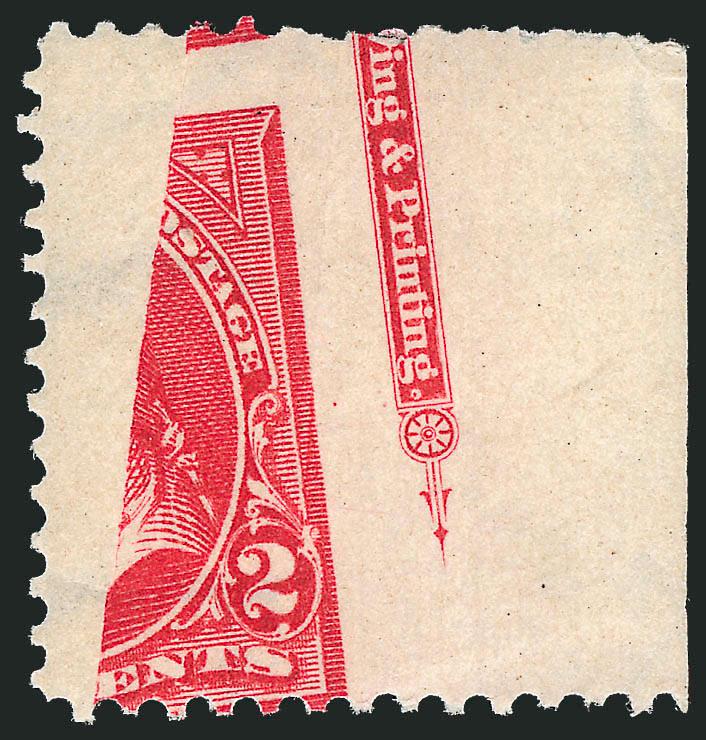 2c Red, Ty. IV (279B).> Left half original gum, h.r., with dramatic <misprinting causing approximately half of the design to print> as well as part imprint, diagonal crease where printing stops which caused the
variety, Very Fine, this is likely from